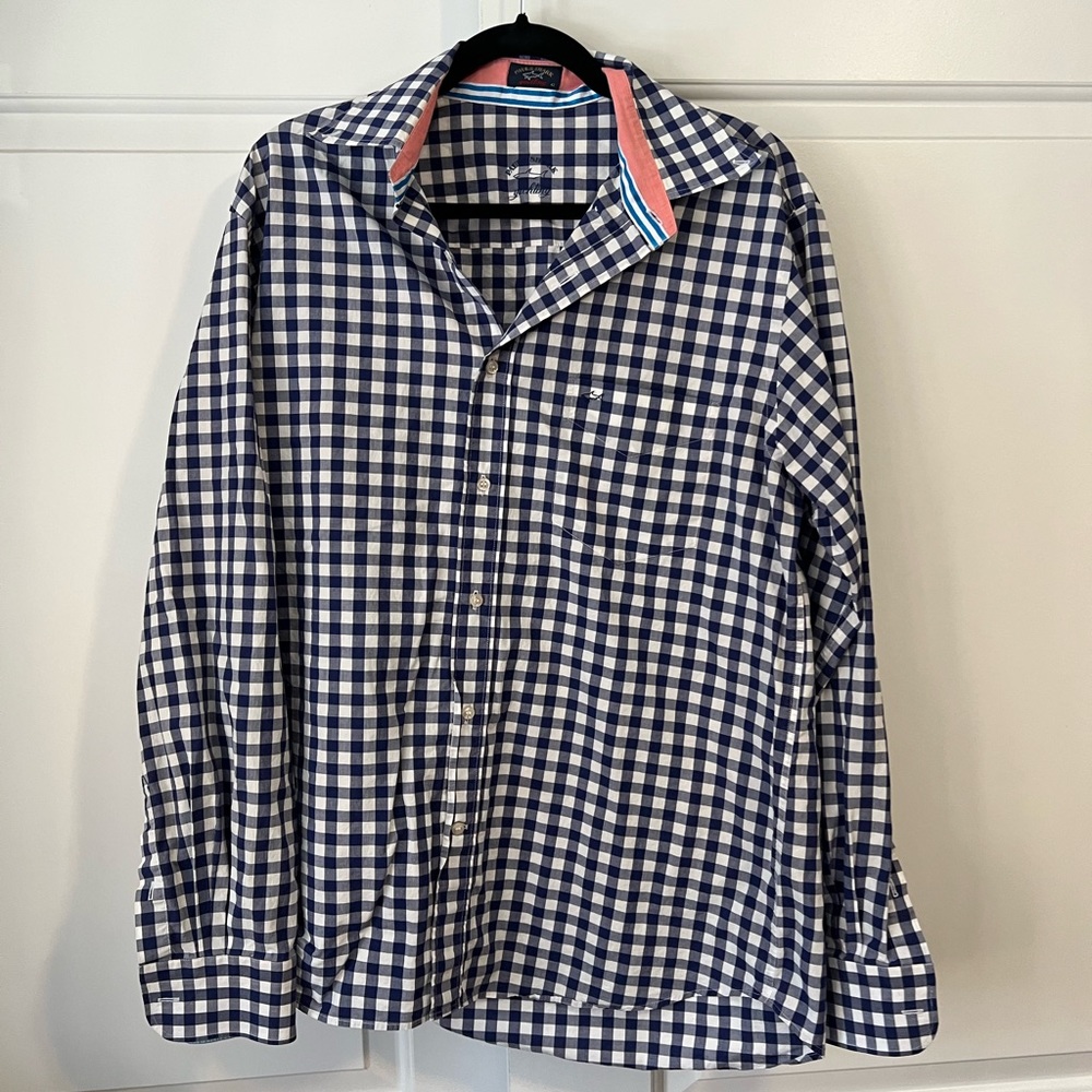 Paul & Shark Yachting Mens Navy White Gingham Check Button Down Shirt Size 42 XL